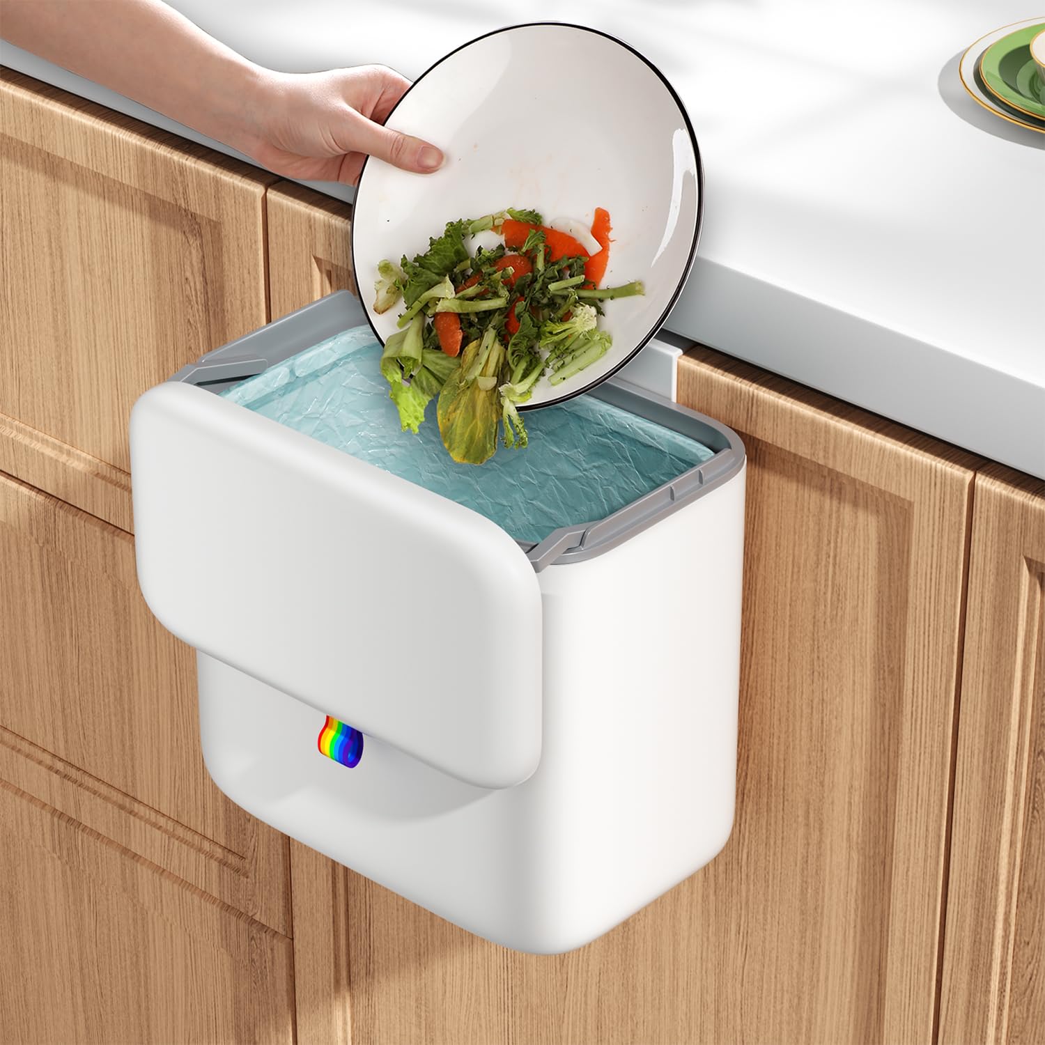 Kitchen Compost Bin with Lid - Hanging Small Trash Can for Countertop or Under Sink, 2.6 Gallon Wall Mounted Garbage Can for Cabinet Door, Indoor Food Waste Bin for Bathroom, RV, Office, White