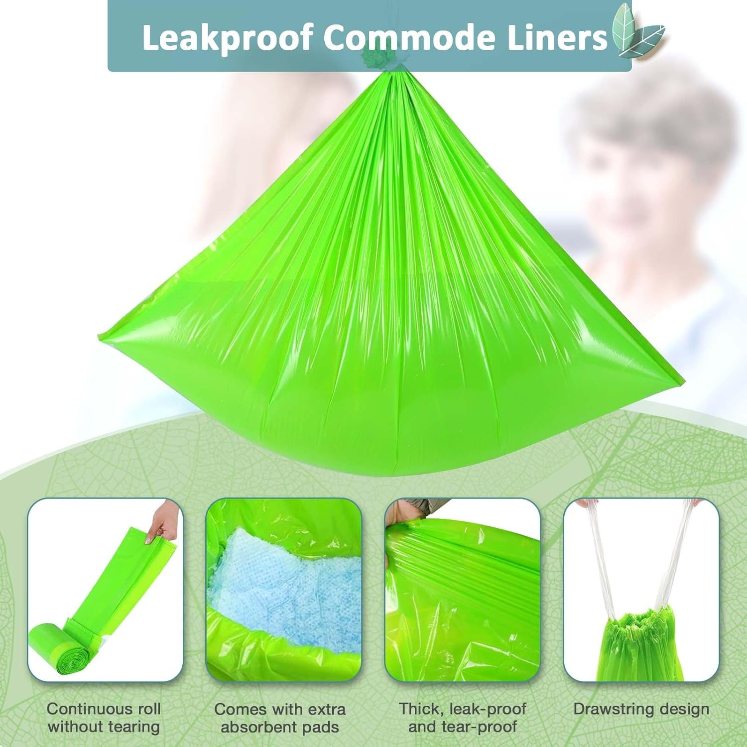 Bedside Commode Liners, 150 Bags + 150 Pads for Bedside Toilet Chair Bucket, Super Absorbent, Unscented, Leak-Proof, Universal Size