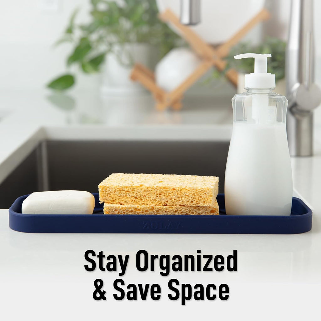 Zulay Kitchen Large Silicone Sponge Holder (12x4) – Flexible Sink Organizer Tray for Kitchen & Bathroom – Multipurpose Soap Dish for Sponges, Makeup, Trinkets & More (Dark Blue)