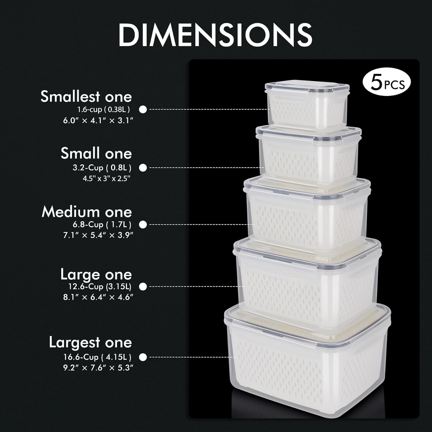 HOTEC 5-Pack Large Fruit Storage Container for Fridge Leak proof with Removable Colander, BPA Free Dishwasher & microwave safe Largest 4.15L