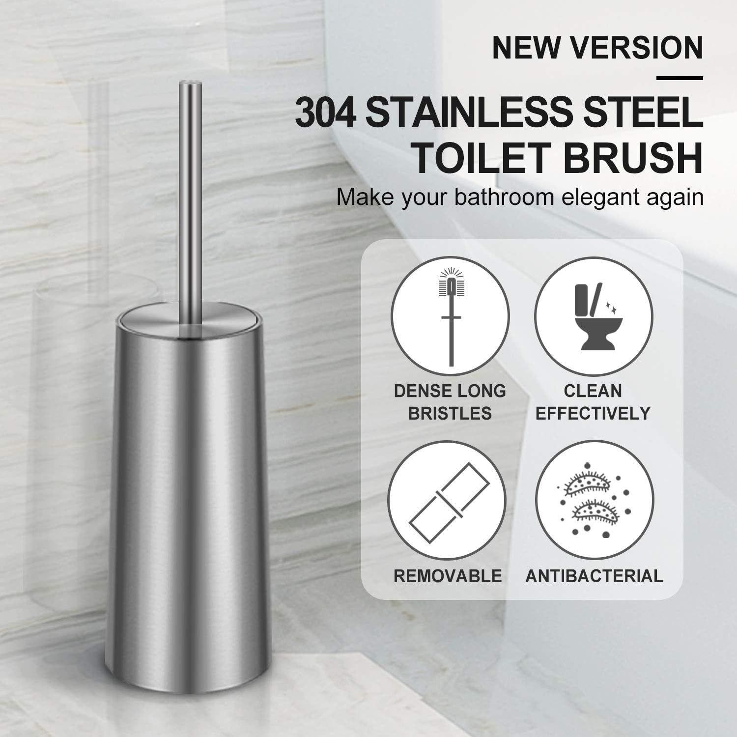 Toilet Brush and Holder, 2 Pack Toilet Brush with 304 Stainless Steel Long Handle, Toilet Bowl Brush for Bathroom Toilet-Ergonomic, Elegant,Durable (Silver)