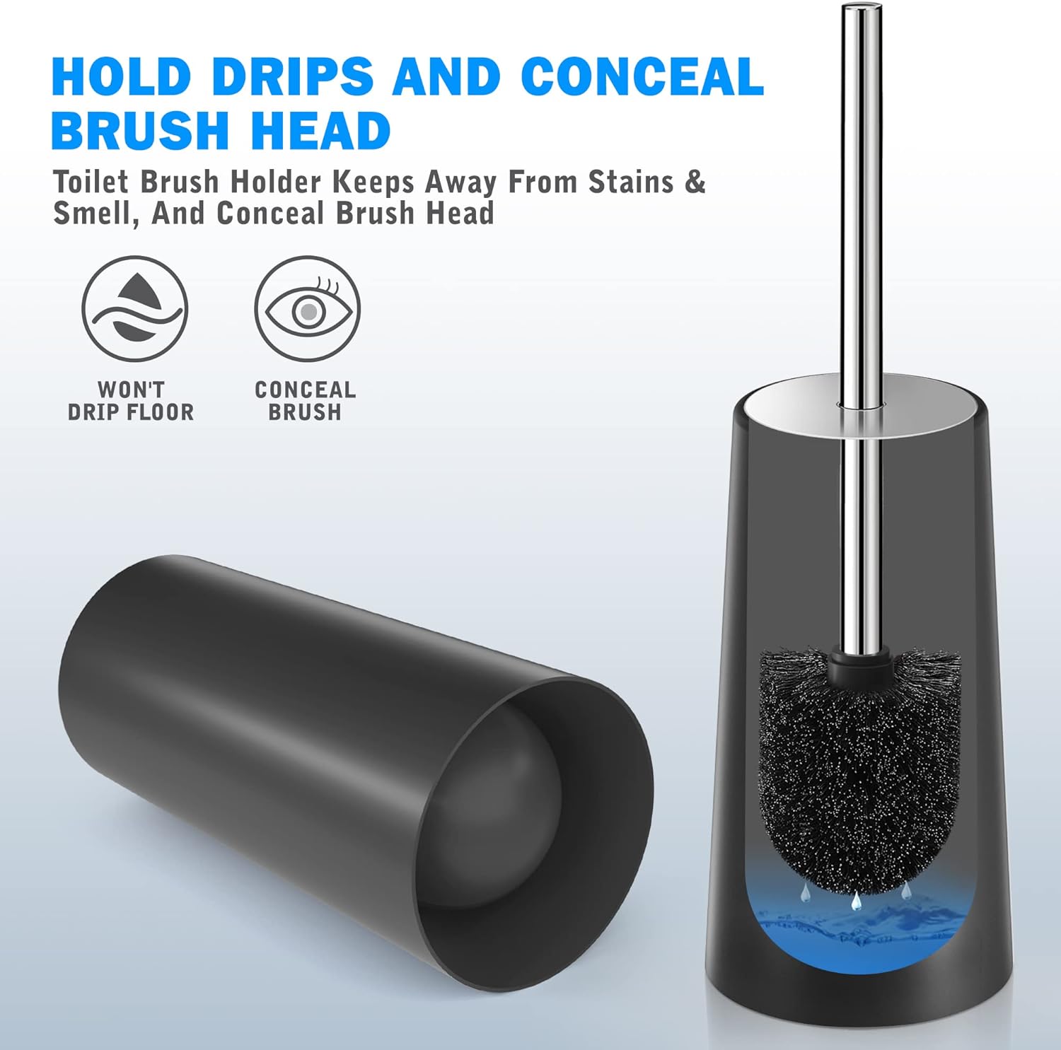 Toilet Brush and Holder, Toilet Brush with 304 Stainless Steel Long Handle, Toilet Bowl Brush for Bathroom Toilet-Ergonomic, Elegant,Durable（Black）
