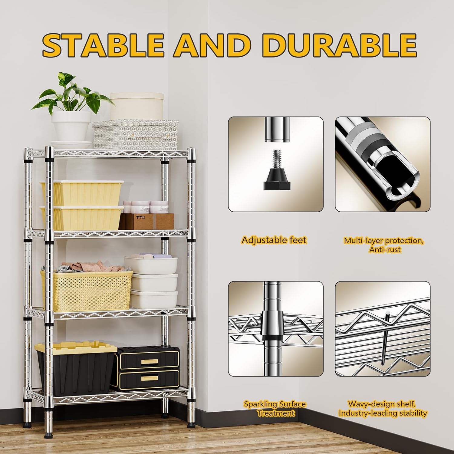 1000 lbs 4 Tier Shelf Metal Storage Shelves Wire Rack Closet Organizers for Garage Kitchen Bathroom Laundry Chrome 11.8" D x 25.6" W x 45.5" H