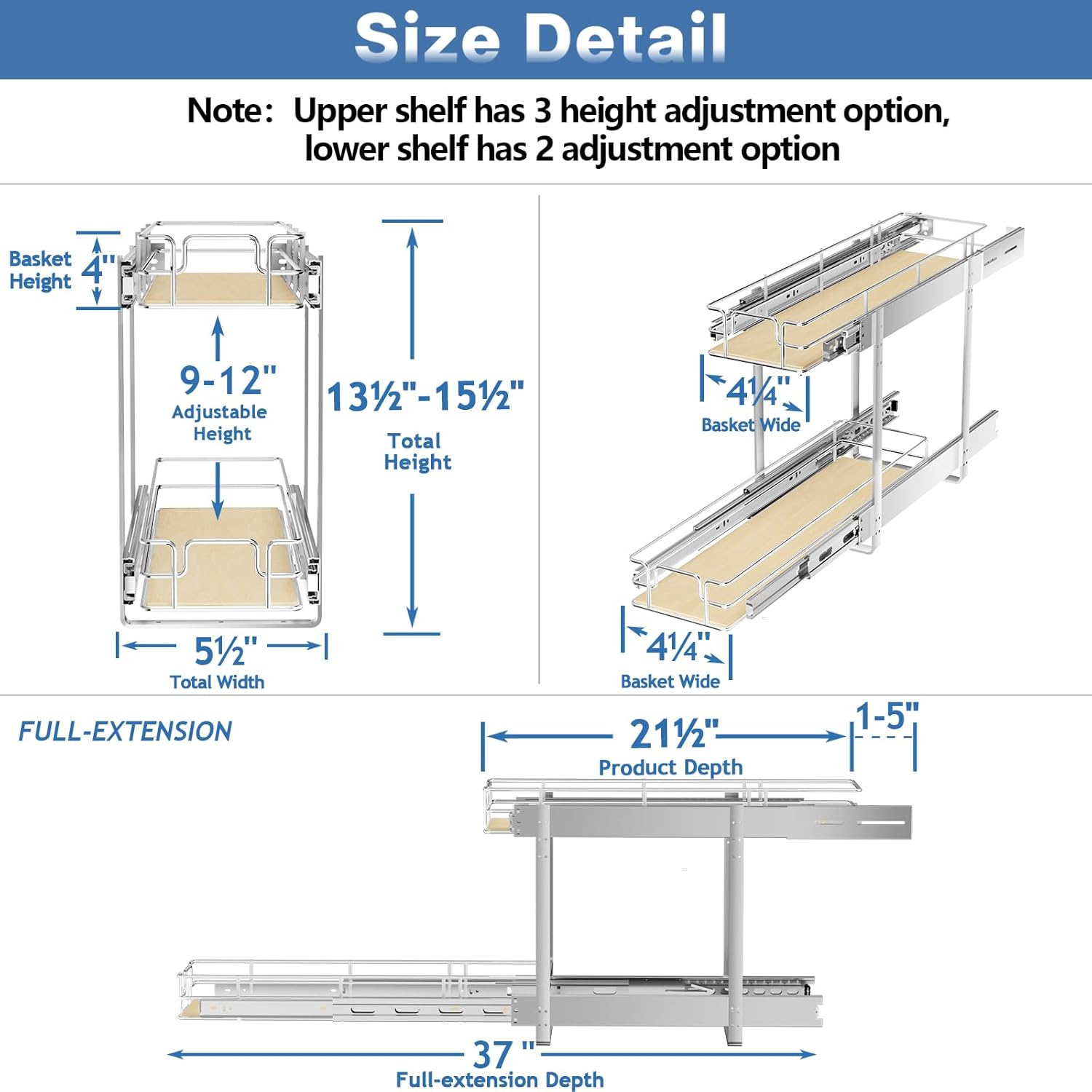 ROOMTEC 2 Tier Individual Pull Out Cabinet Organizer 5½"W x 21½"D, Slide Out Wood Shelves Organizers, Pull Out Drawers Organization and Storage for Kitchen Cabinet