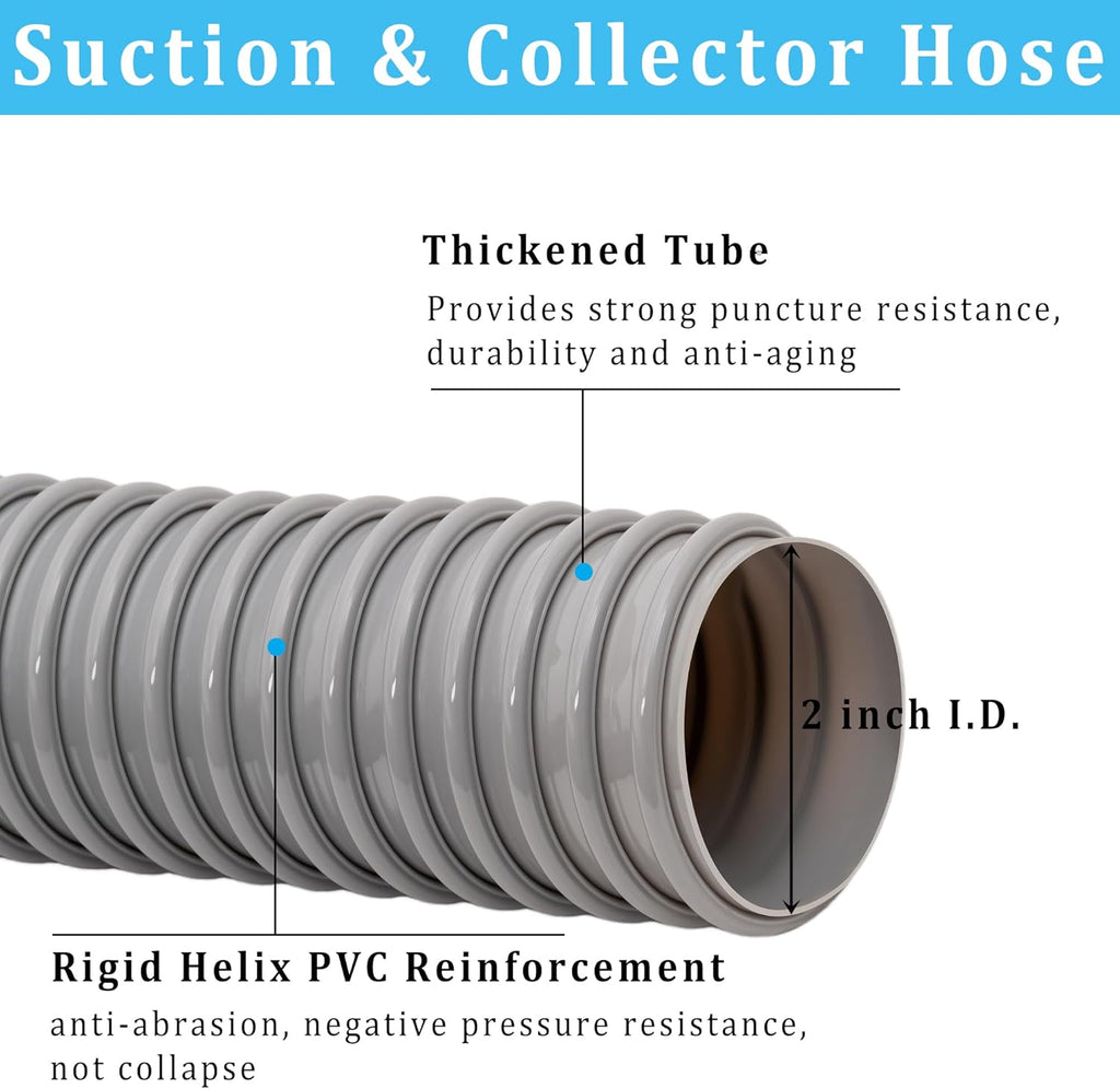 Dust Collection Hose 2 in × 10 ft Heavy Duty Flexible PVC Reinforced Thicken Helix Suction Discharge Corrugated Pipe Hose for Fume Dust Collector Fitting Wood Chip Saw (2 inch gray hose)