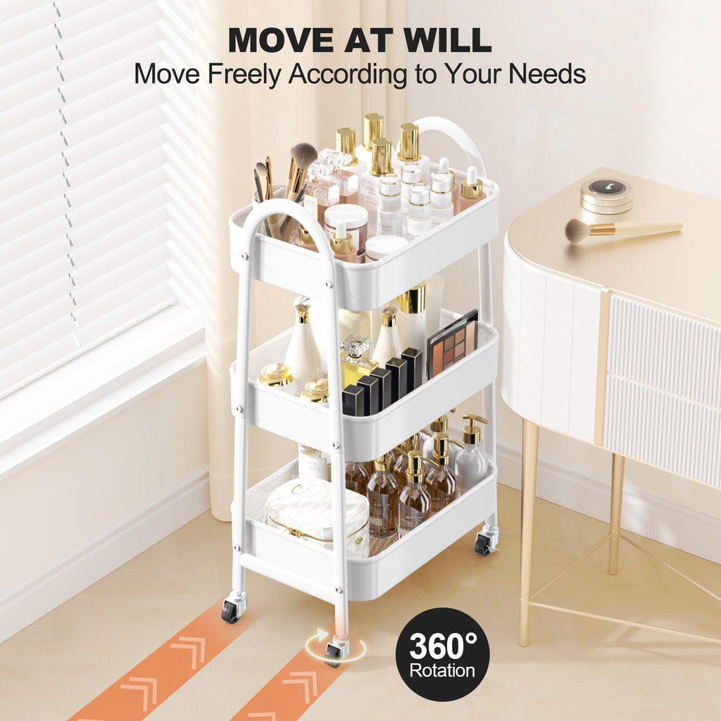 EAGMAK 3 Tier Rolling Cart Under Desk, Large Metal Storage Cart with Handle and Lockable Wheels, Big Multifunctional Storage Organizer Trolley for Kitchen, Living Room, Office, Garage (White)