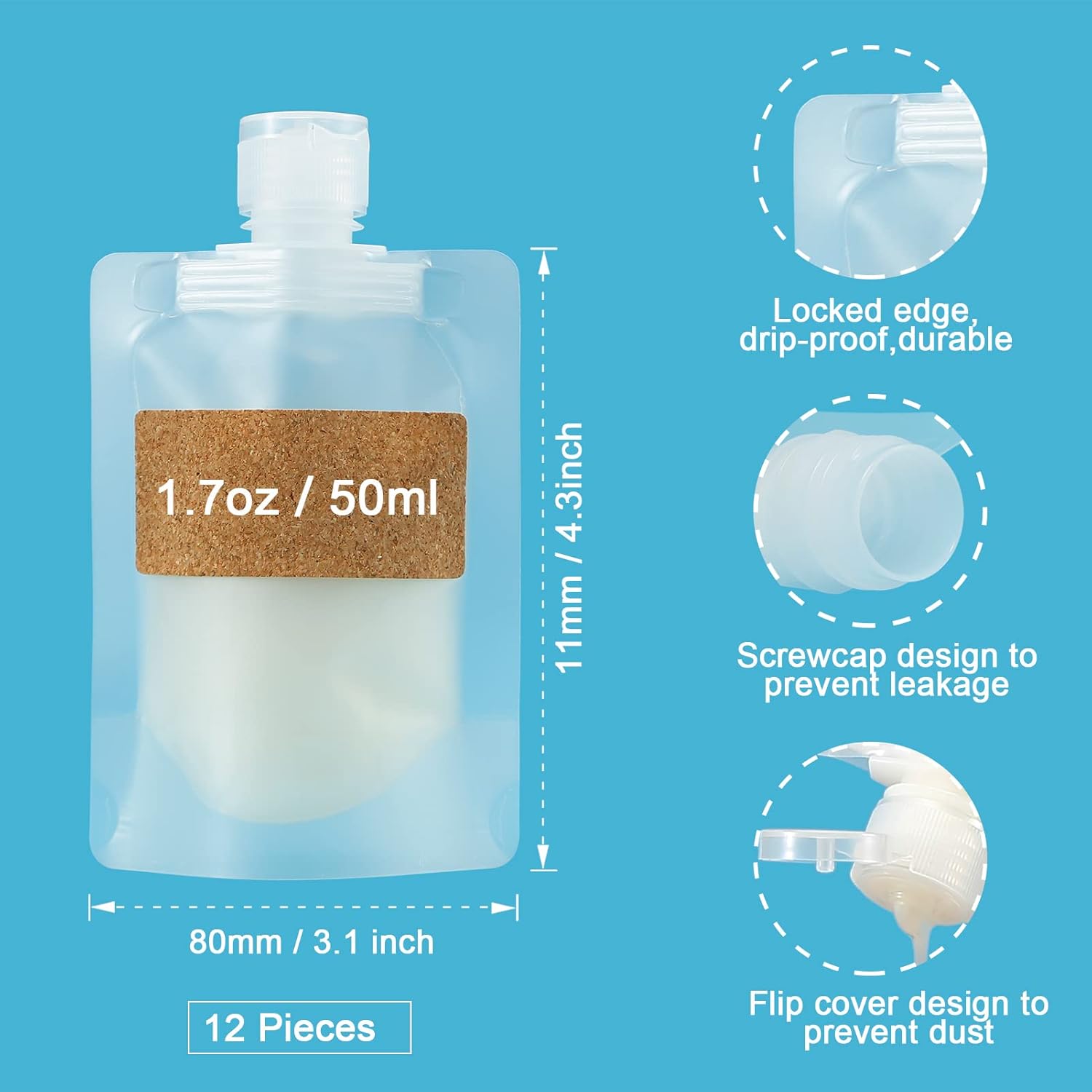 TailaiMei 12 Pieces Travel Pouches for Toiletries, TSA Approved Portable Travel Size, Refillable Stand Up Pouch for Shampoo/Conditioner/Lotion (50ml/1.7oz)