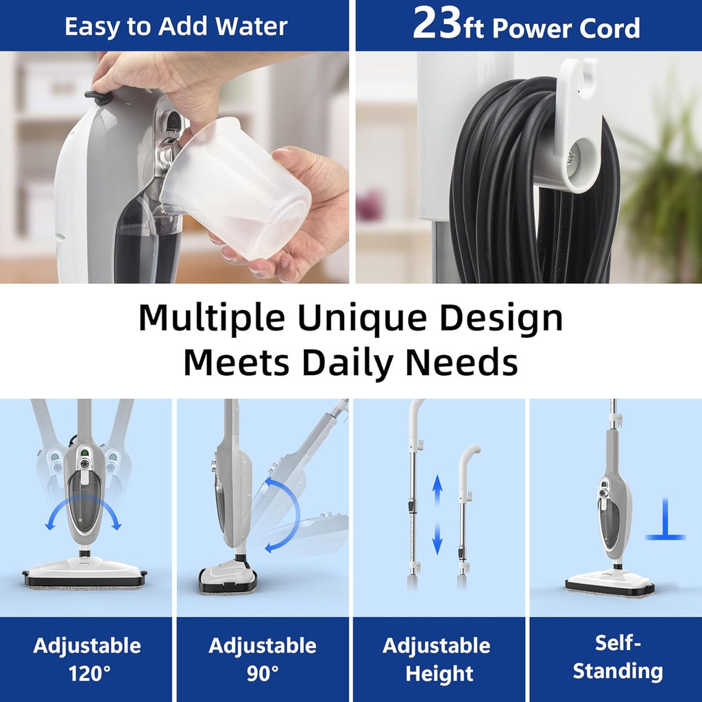 Steam Mop - 10-in-1 MultiPurpose Handheld Steam Cleaner Detachable Floor Steamer for Hardwood/Tile/Laminate Floors Carpet with 11 Accessories for Whole Home Use.