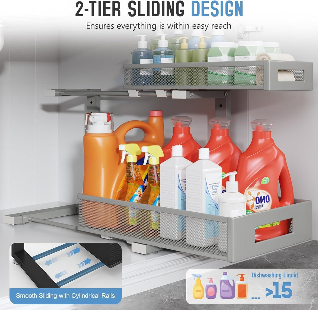 1 Pack 17IN Depth Under Sink Storage Organizer, Large 2-Tier Elegant Mesh Pull Out Shelf for Kitchen and Bathroom Cabinet Organization, L-Shaped and Adjustable Height Design-Gun Gray