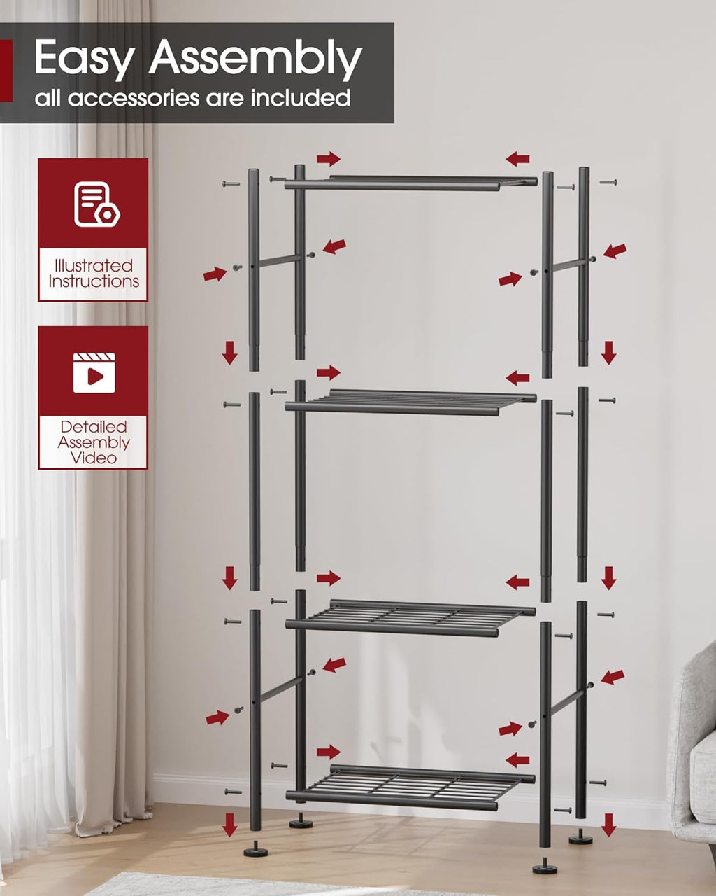 Storage Shelves - 4 Tier Shelf Organizer, Sturdy Metal Garage Shelving with Adjustable Leveling Feet, Space-Saving Shelves Organizer for Pantry, Laundry, Kitchen (18" x 12" x 44", Black)
