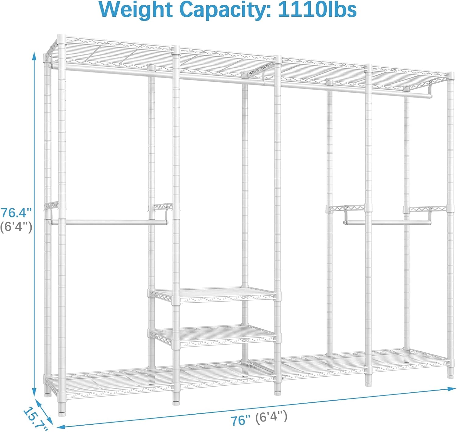 VIPEK V40 Wire Garment Rack Heavy Duty Clothes Racks for Hanging Clothes, Multi-Functional Bedroom Clothing Racks Freestanding Closet Wardrobe Rack, 76" L x 15.7" W x 76.4" H, Max Load 1110lbs, White