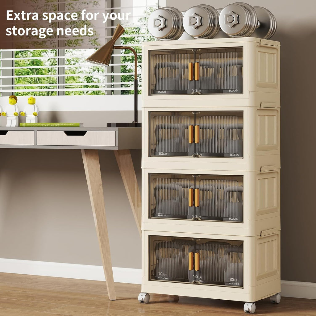 4 Tier Stackable Plastic Storage Bins with Lids 48QT, Collapsible Closet Organizers and Storage with Wheels for Living Room,Office,Dorm