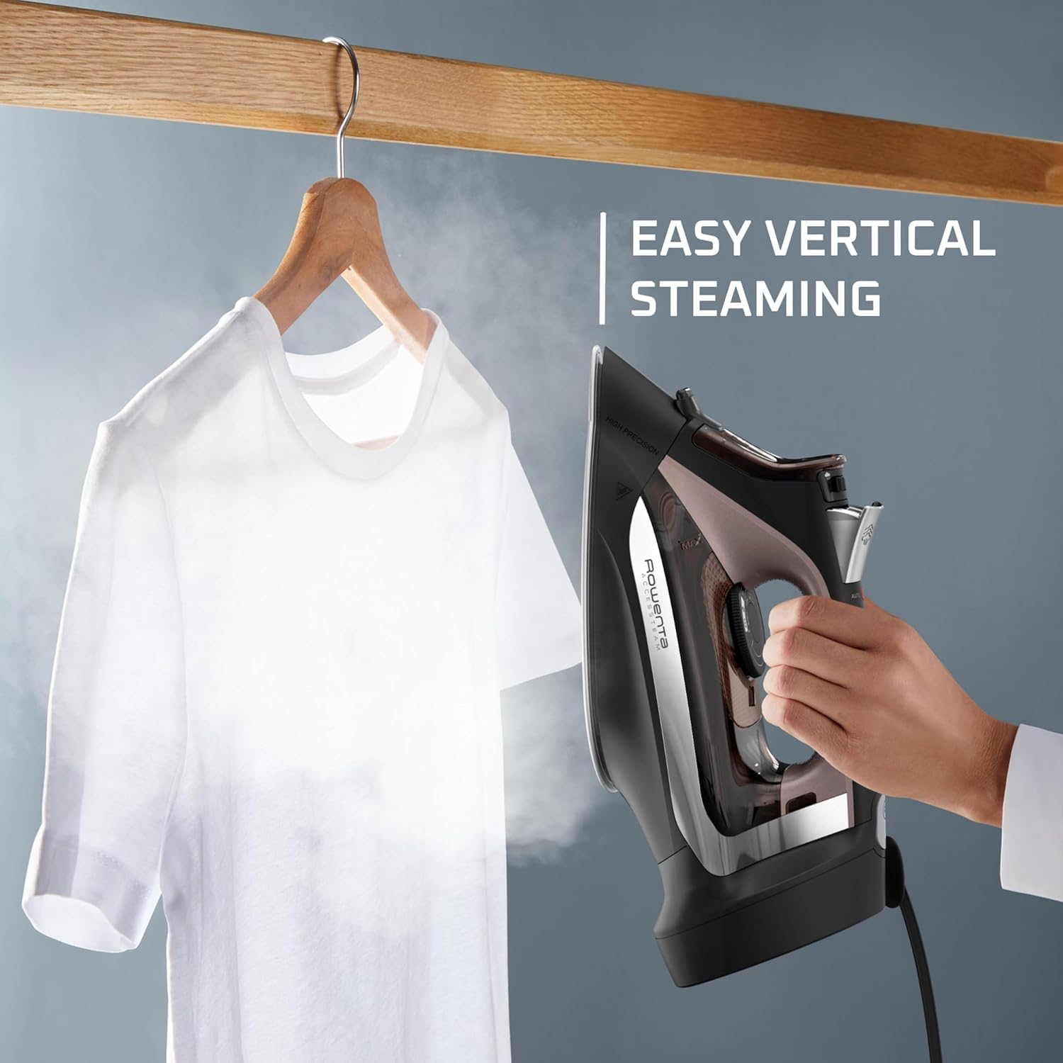 Rowenta Access Stainless Steel Soleplate Steam Iron with Retractable Cord, Powerful Steam Diffusion, Auto-Off and Anti-Drip, 1725 Watts, Black Clothes Iron, DW2459