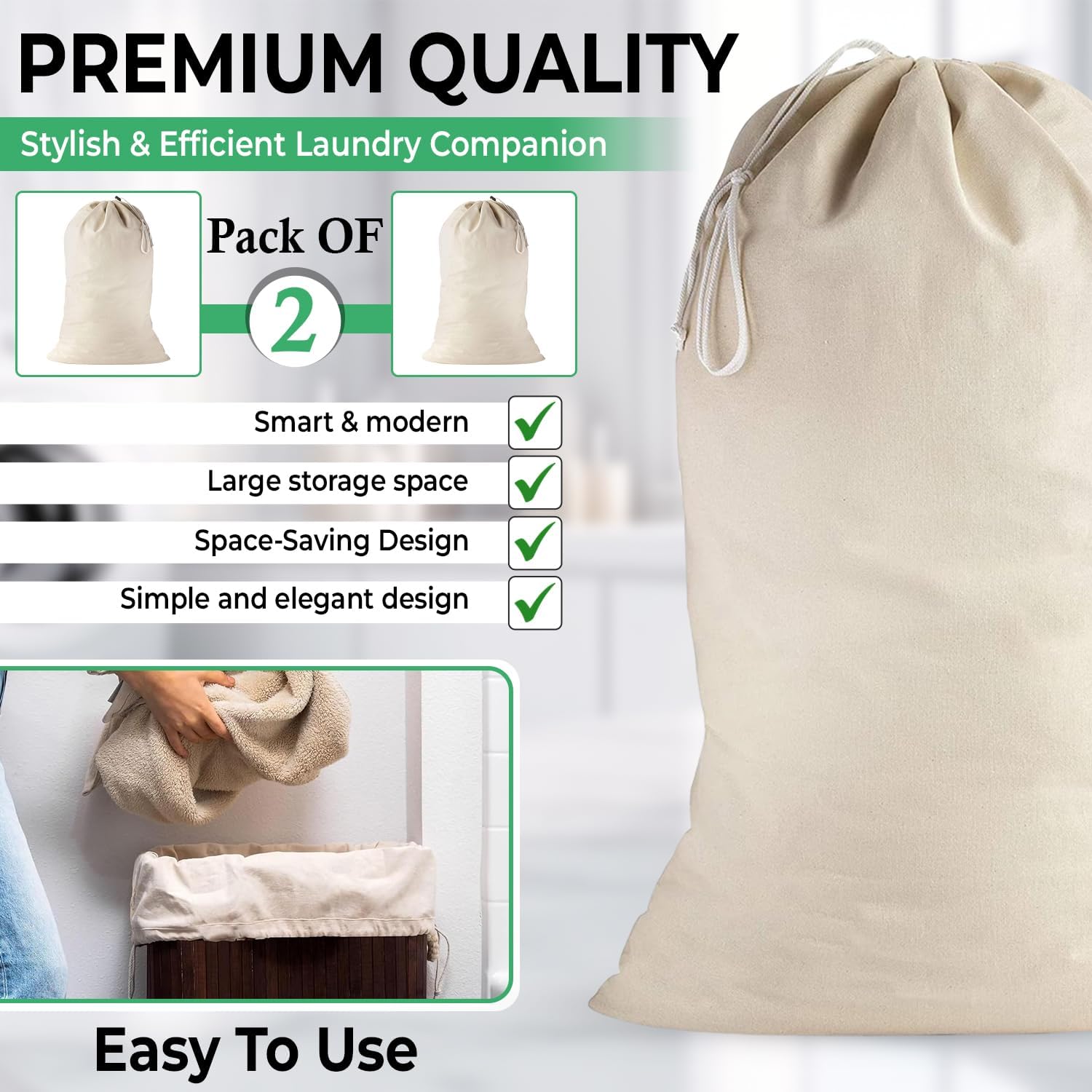 Large Cotton Laundry Bags 24x36 Inch with Drawstring, Heavy Duty Travel Organizer for Hamper, Basket, Camp – Beige (2 Pack)