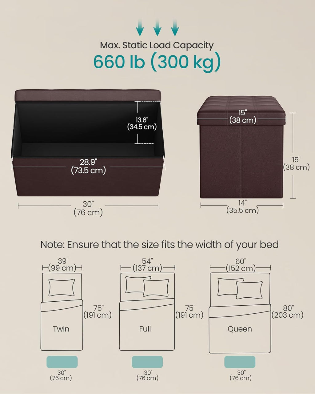 SONGMICS MAZIE Collection - 30 Inches Folding Storage Ottoman Bench, Ottoman with Storage, Foot Rest Stool, Load 660 lb, for Living Room, Synthetic Leather, Brown ULSF40Z