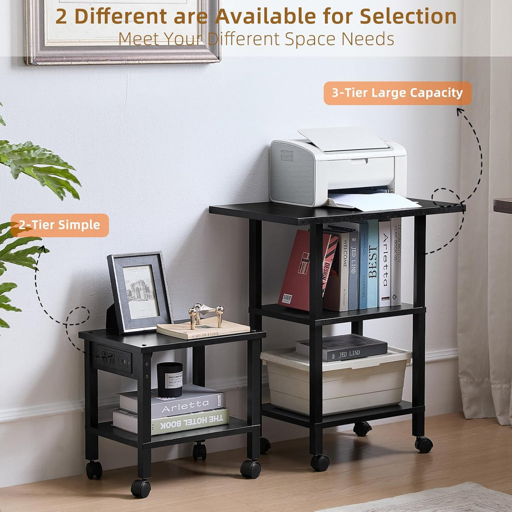 Lerliuo 3 Tier Printer Stand with Storage, Printer Table for Home Office, Wooden Rolling Printer Cart Shelf with Lockable Wheels fit Fax Machine, Scanner(Black)