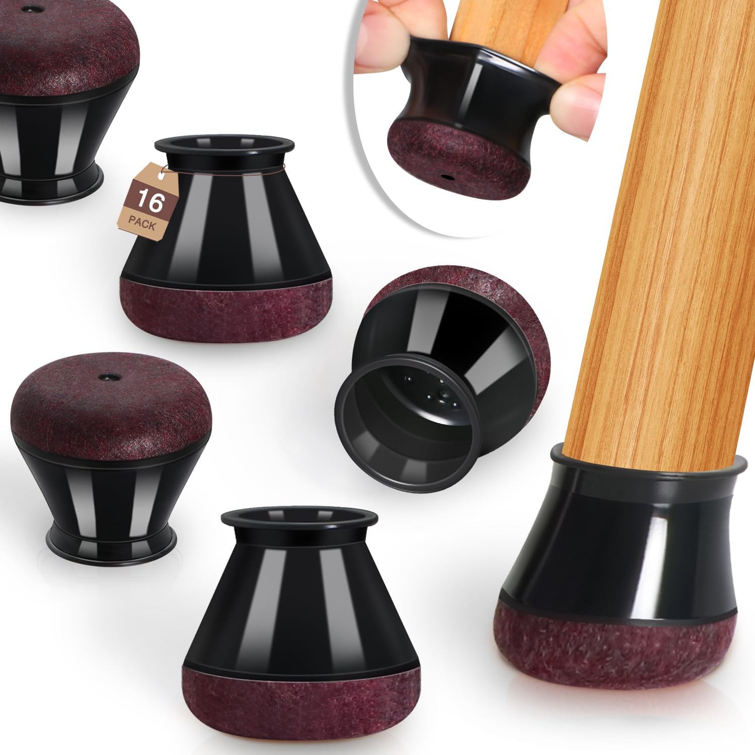 Chair Leg Floor Protectors Chair Leg Protectors for Hardwood Floors Felt Silicone Caps Strengthen Bottom Protection Anti-Scratch Reduce Noise 16 Pack Black Round Medium Fit 3/4" to 1-3/16" (19-30mm)