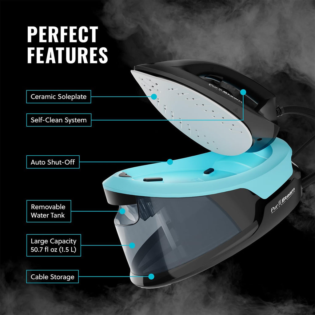 Pursteam Steam Station Max Ceramic Soleplate Steam Iron for Clothes 1500W, 50.7oz Removable Water Tank, Fast Heat Up Self-Clean, Auto Shut-Off, Professional Iron Steamer for Ironing