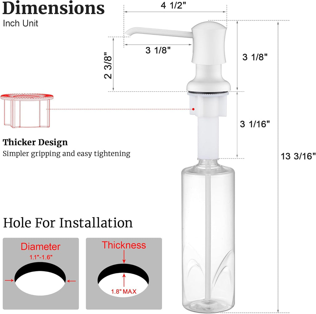 White Sink Soap Dispenser for Kitchen Sink (White), Built-in and Refill-from-Top Design with Liquid Hand & Dish Soap Bottle
