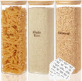 3 Pcs Square Glass Pantry Storage Containers with Bamboo Airtight Lid and 248 Clear Pantry Labels Preprinted - 74oz Thicken Glass Food Storage Jars for Coffee, Cookie, Tea, Sugar, Spice
