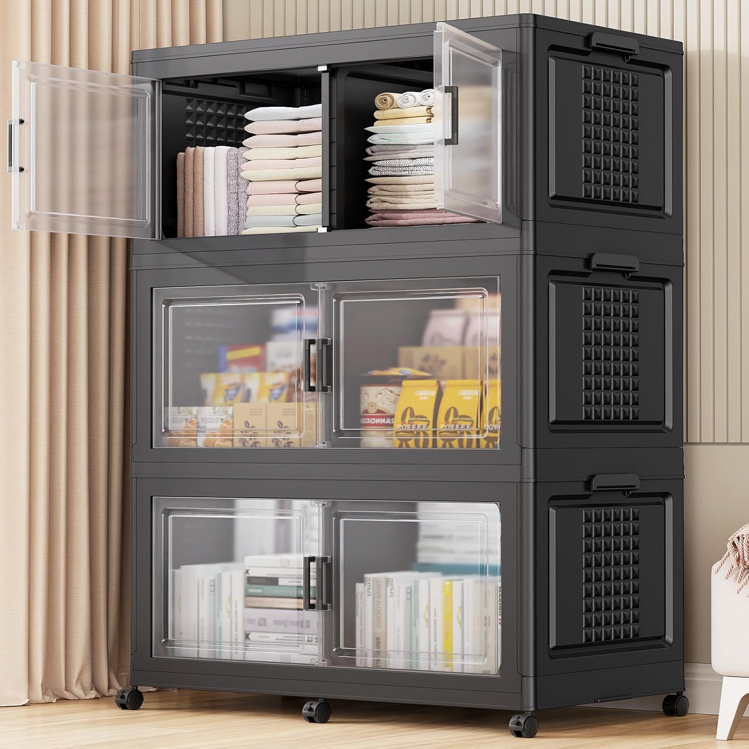 BROVIEW 52.7"H 150Gal Plastic Storage Bins with Lid & Wheels,3Pack Extra Large Stackable Storage Bins with Dividers,Closet Organizers and Storage Cabinet Collapsible Box Shelves for Home Kitchen,Black