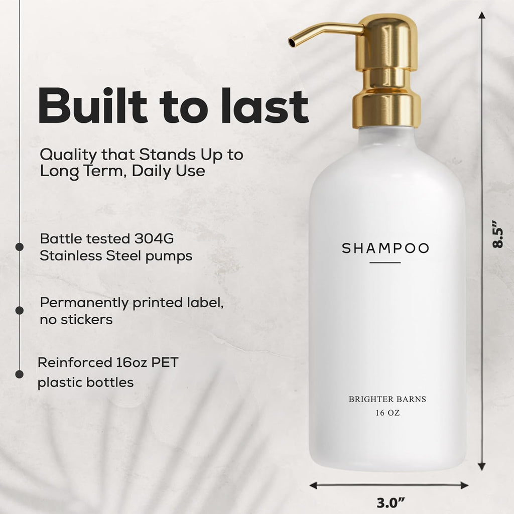 Luxury Shampoo and Conditioner Dispenser Set by Brighter Barns - Shower Soap Dispenser - Shampoo Conditioner Body Wash Dispenser & Pump - White and Gold Bathroom Accessories in Spa, Hotel, Gift (Gold)