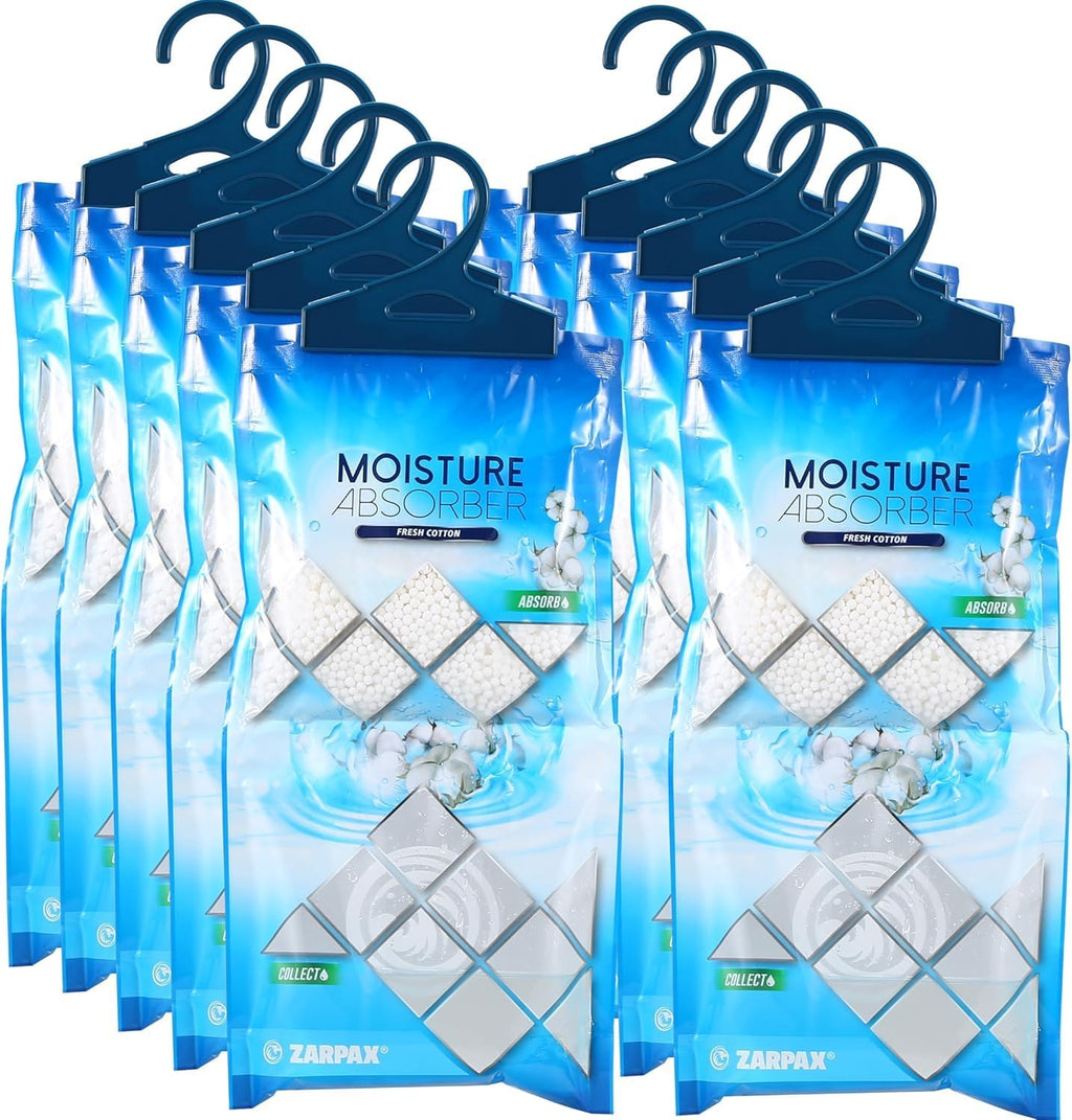 Hanging Moisture Absorber Fresh Cotton 10.6 oz/300g | Moisture Absorbing Bags for Bathroom, Closet, Kitchen & Vehicles | Removes Moisture, Humidity & Odors | Portable Dehumidifier | Set Of 10