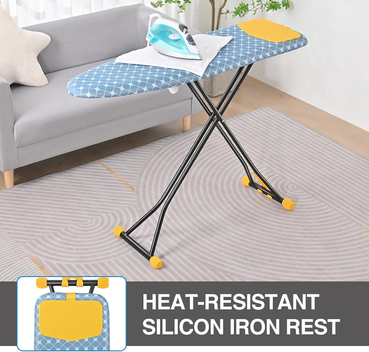 APEXCHASER Ironing Board with Iron Rest, Compact and Space Saver Iron Board, Extra Thick Cover, Height Adjustable, Wall Mount & Closet Hanger 13x43 Yellow
