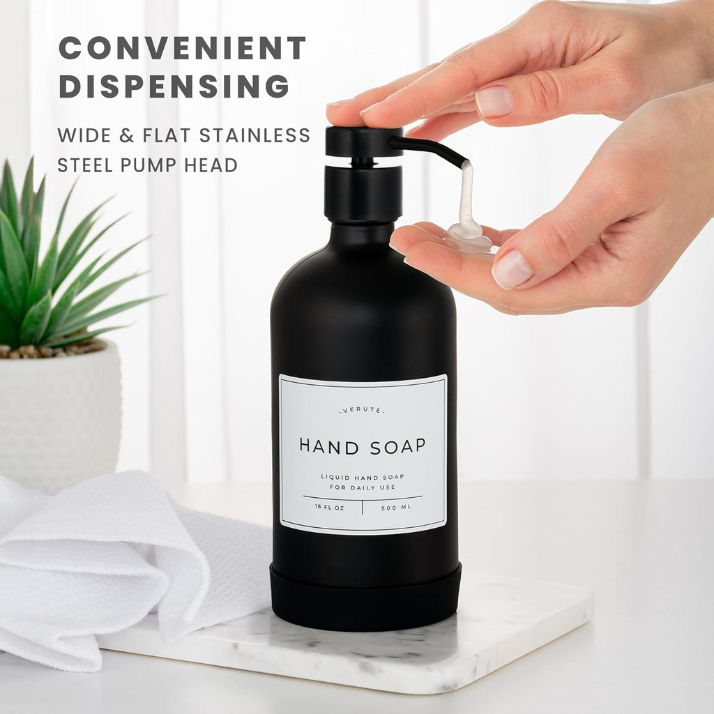 16oz Glass Soap Dispenser with Stainless Steel Pump, 21 Waterproof Labels, Non-Slip Protective Silicone Pad, Set of 2 for Bathroom & Kitchen (Matte Black Bottle/Black Pump)