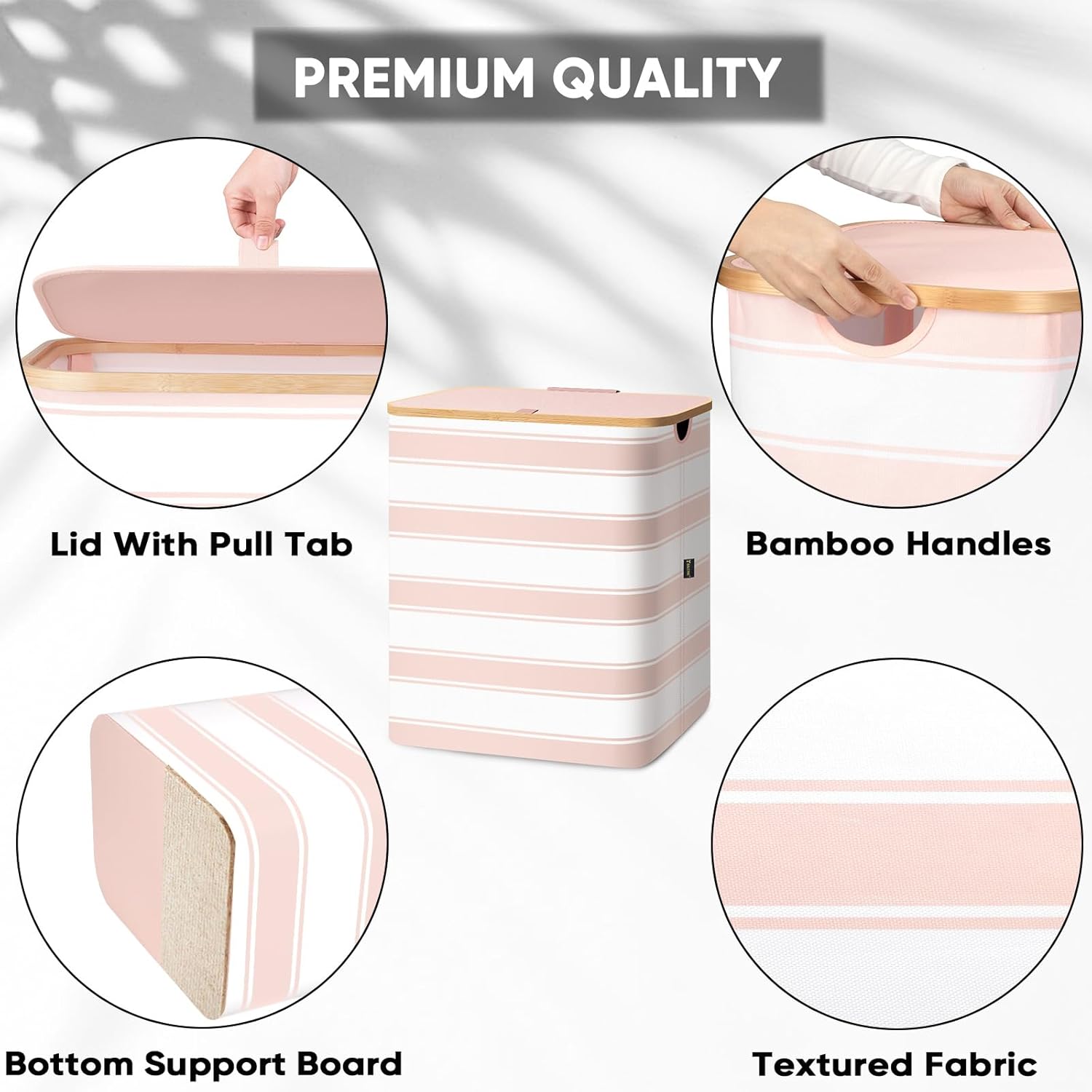BALEINE Laundry Hamper with Lid, Tall Laundry Baskets with Bamboo Pull Handles, Large Laundry Bin with Internal Support (36 Gal/140L, Pink Stripe)
