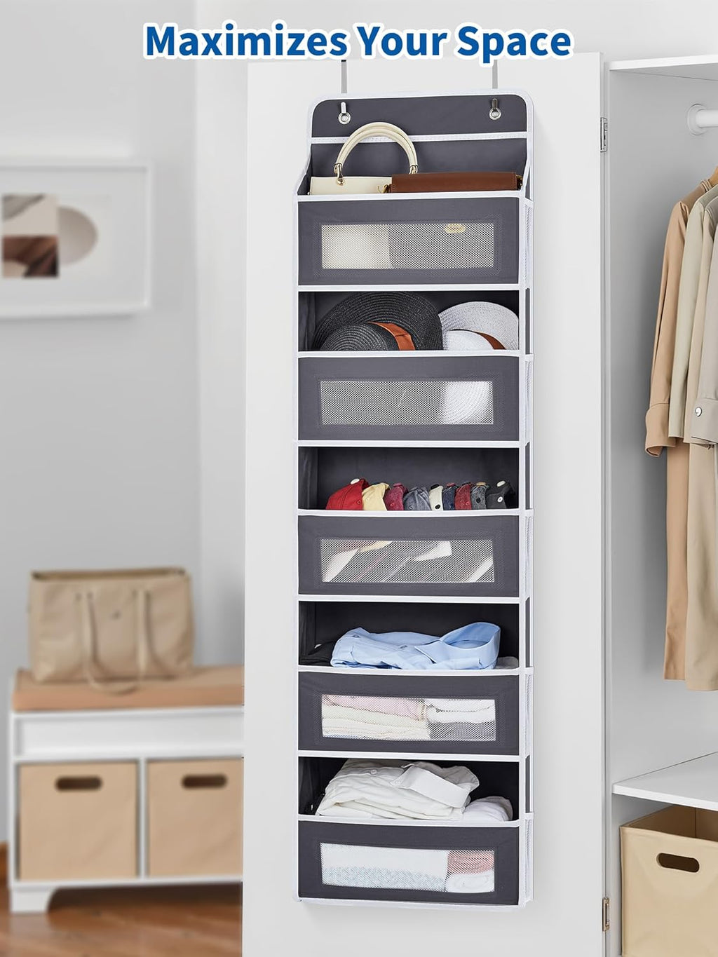 JARLINK Over The Door Organizer, 5 Shelf Door Hanging Organizer with 5 Large Pockets, 44 lbs Weight Capacity Hanging Storage for Bathroom, Bedroom, Nursery, RV, Pantry (Dark Grey)