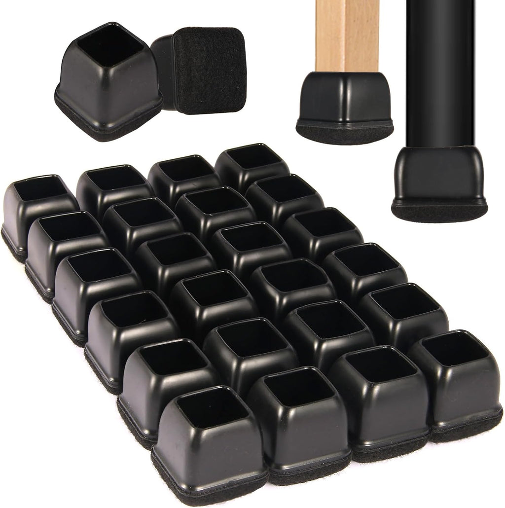 Square Chair Leg Floor Protectors Large 24Pcs,Silicone Chair Leg Protectors for Hardwood Floors/Tiles,Black 360°Wrapped Felt Bottom to Prevent Scratch and Reduce Noise