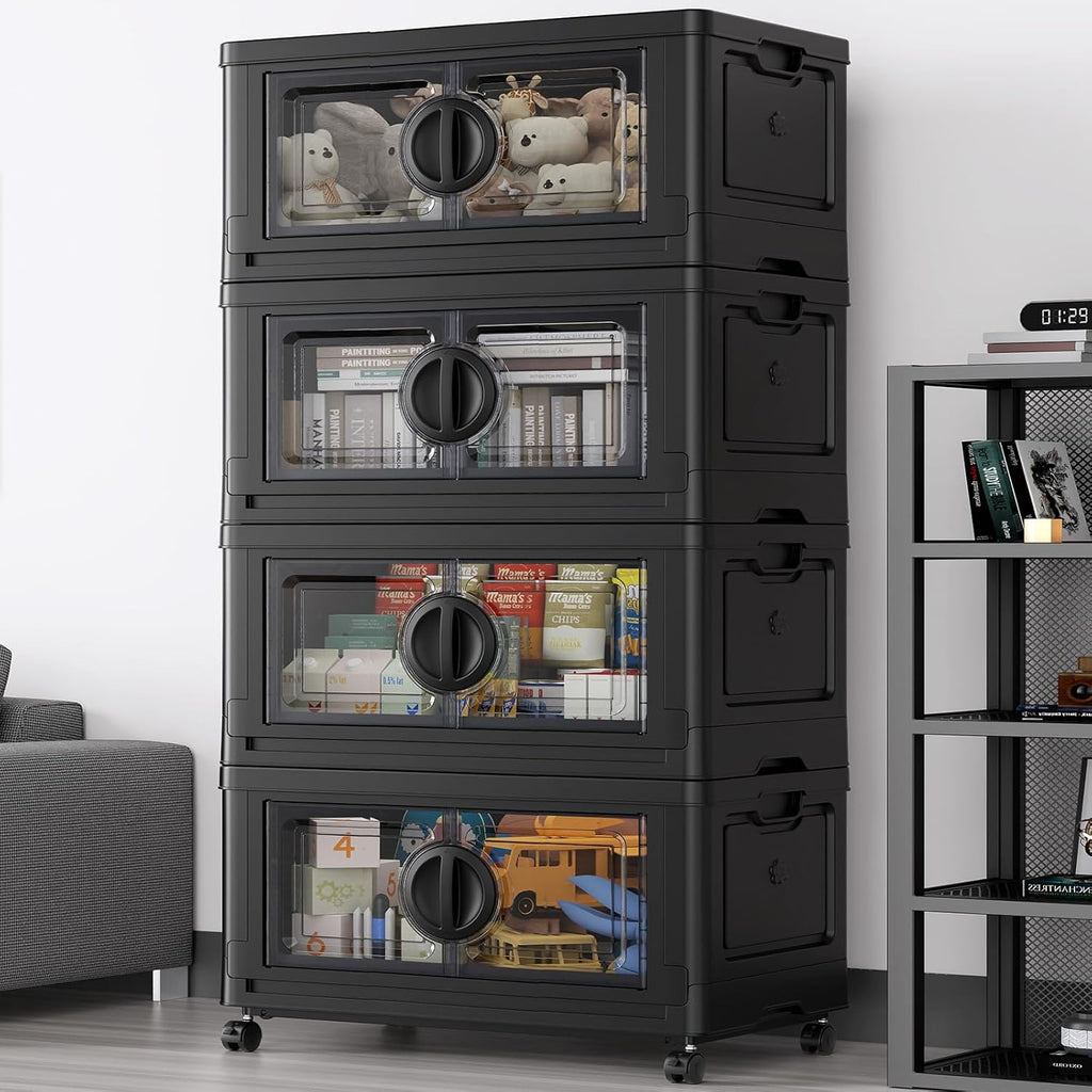 BROVIEW 480Qt Lockable Stackable Storage Bins with Lids, Closet Organizers and Storage Drawer, Collapsible Storage Bin with Wheels, Plastic Cabinet for Toy Clothes Dorm Organizer, V9 4 Pack Black
