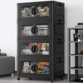 BROVIEW 480Qt Lockable Stackable Storage Bins with Lids, Closet Organizers and Storage Drawer, Collapsible Storage Bin with Wheels, Plastic Cabinet for Toy Clothes Dorm Organizer, V9 4 Pack Black