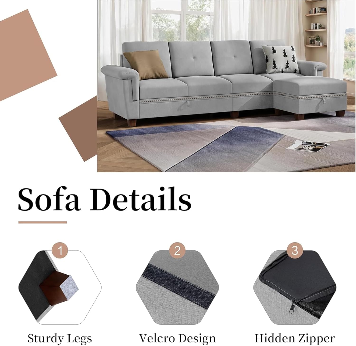 JAMFLY 108" Modular Sectional Sofa with Storage, L Shaped Sofa Couch with Reversible Ottoman, 4-Seat Convertible Sectional Couches with Cup Holders for Living Room, Apartment, Light Grey