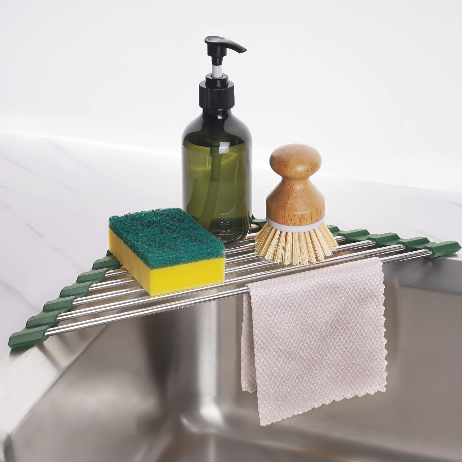 Tomorotec Triangle Roll-Up Dish Drying Rack for Sink Corner Small Foldable Stainless Steel Over The Sink Multipurpose Kitchen Drainer Caddy Organizer Storage Shelf Holder (Olive Green)