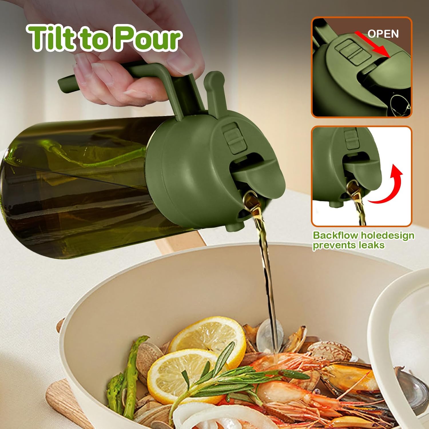 YARRAMATE 2Pcs 16oz/470ml Dark Green Oil Sprayer for Cooking with Stickers, Food-grade Premium 2 in 1 Olive Oil Dispenser Bottle for Kitchen Gadgets, Air Fryer, Salad, Frying, BBQ (Black&OliveGreen)