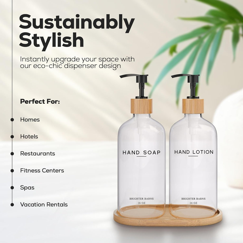Clear Glass Soap and Lotion Dispenser Set with Tray by Brighter Barns - Hand Soap Dispenser Bathroom Set - Liquid Soap Dispenser and BPA-Free Pump - Neutral Home Decor & Modern Bathroom Accessories