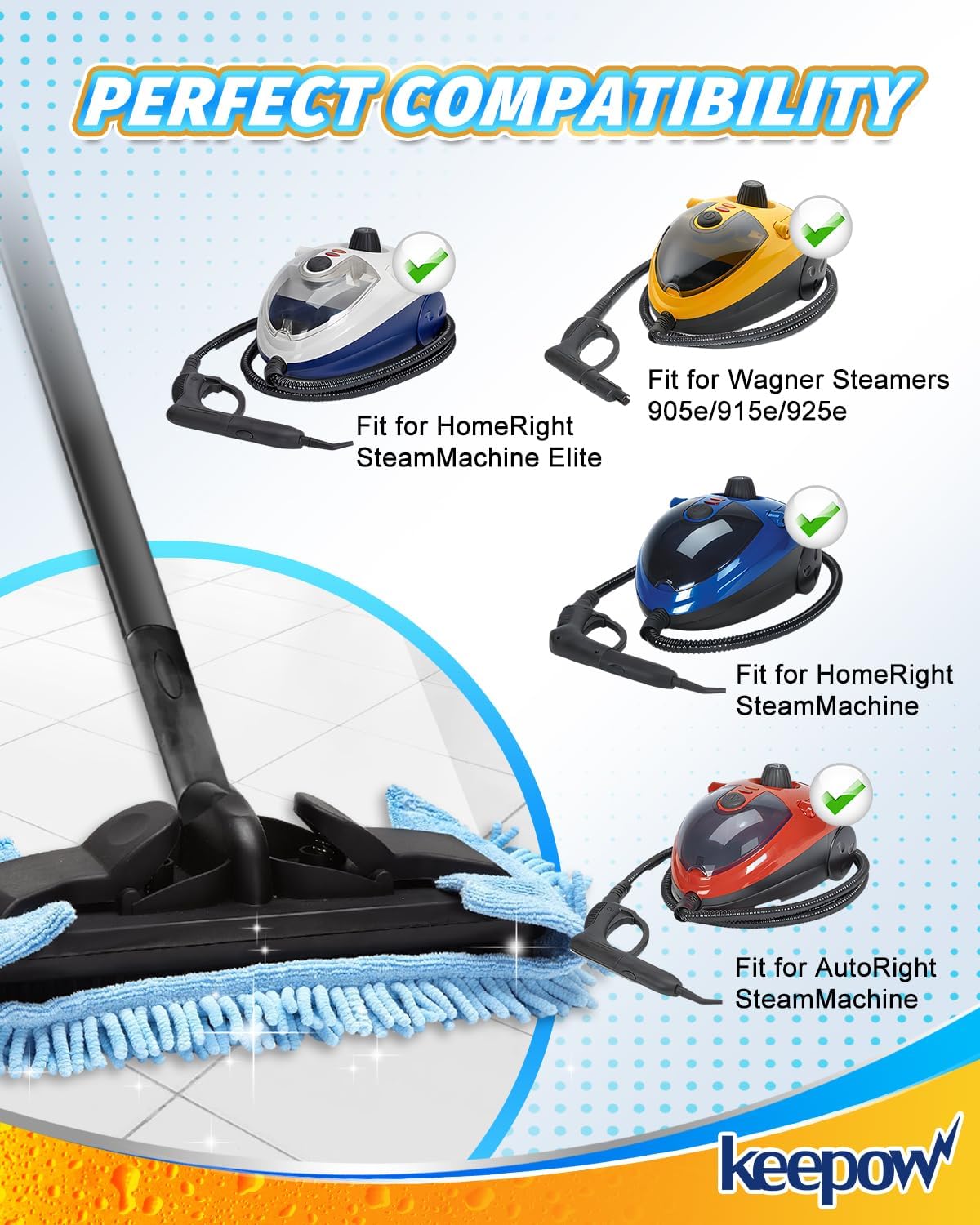 KEEPOW Reusable Microfiber Mop Pads Compatible with Wagner 905e, 915e & 925e Steamers, Reusable Microfiber Cleaning Pad and Chenille Mop Pads for Hardwood Floor Cleaning 2+2 Pack (Mop is Not Included)
