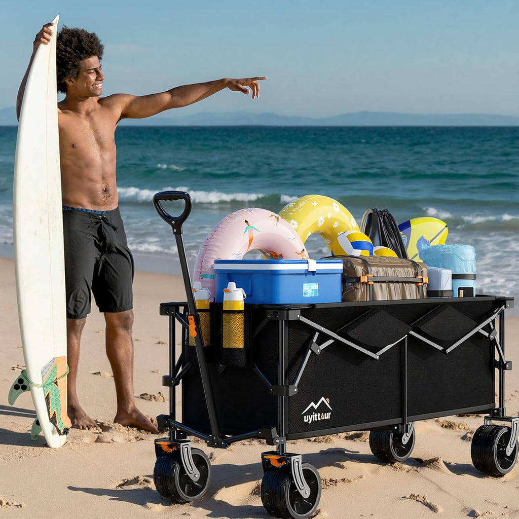 300L Extra Large Collapsible Foldable Wagon, 440lbs Load Capacity 48''L Extended Heavy Duty Folding Beach Wagon with Big All-Terrain Wheels, Utility Garden Cart for Outdoor Activities, Black