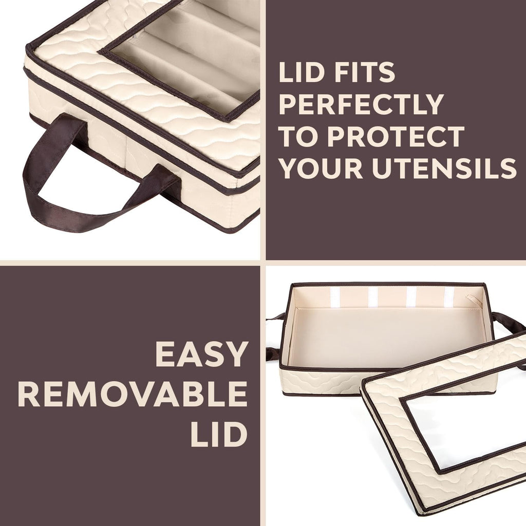Flatware Storage Case - Durable 5 Compartment Silverware Storage Container Box with Removable Lid and Easy to Carry Handles - Large Capacity Keeps Your Cutlery Organized & Protected - Beige