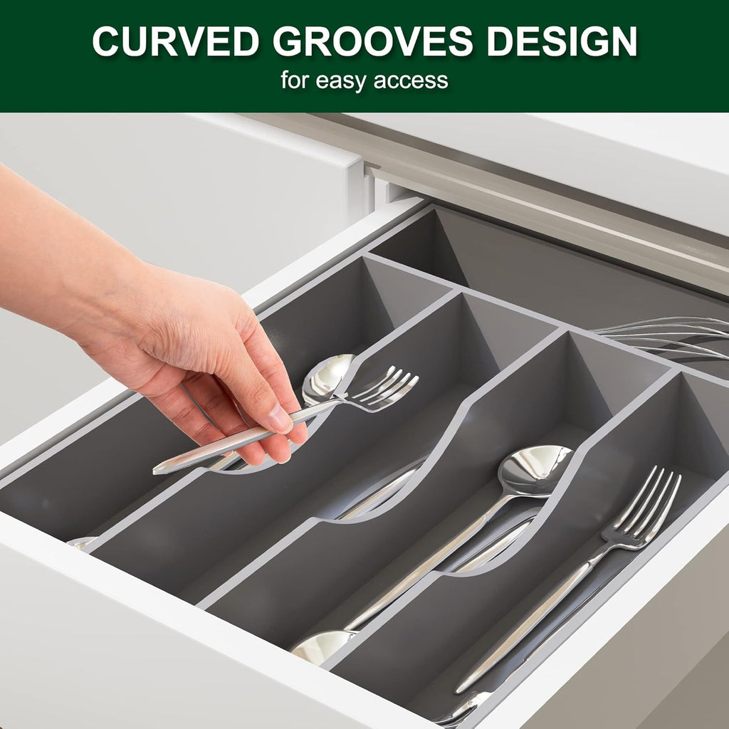 Bellsal Grey Utensil Organizer 10 Inch Silverware Tray for Drawer Utensil Holder Cutlery Organizer Kitchen Drawer Organizer 5 Compartment Small Narrow Bamboo