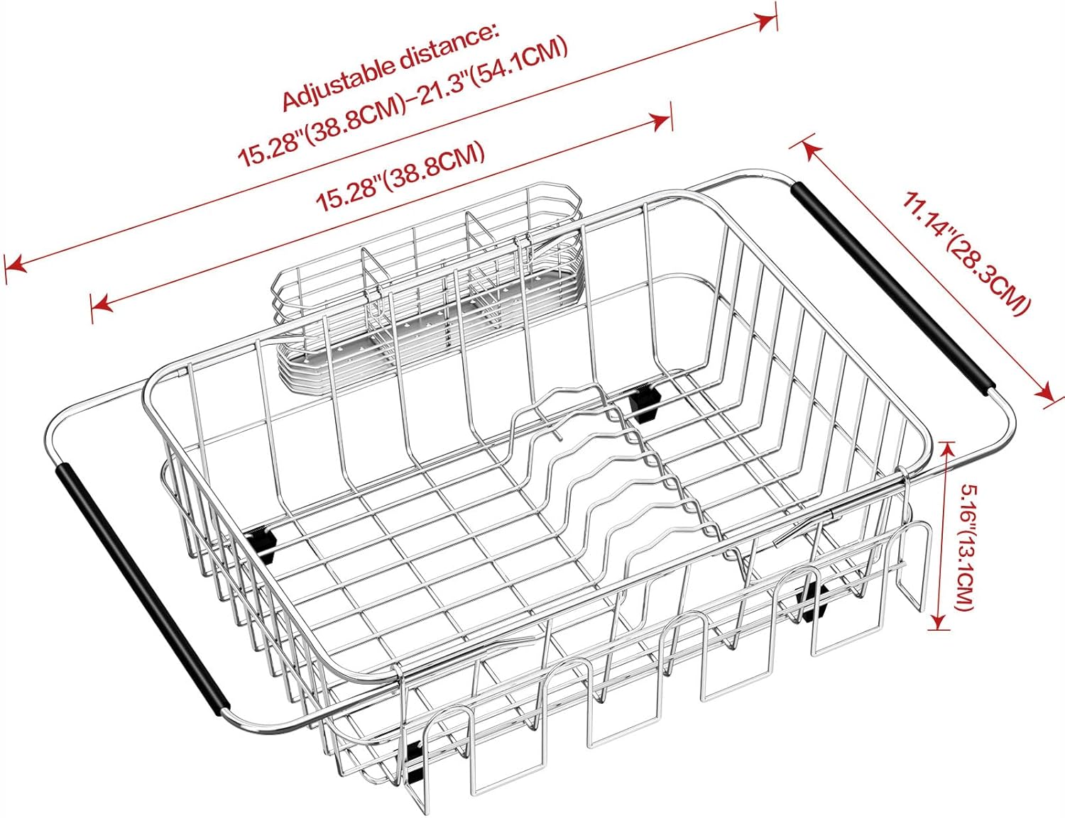 Dish Drying Rack in Sink, Extendable Stainless Steel Dish Drainers for Kitchen Counter, Anti-Rust Dish Dryer Rack with Utensil & Cup Holders, for Inside Sink, Over The Sink