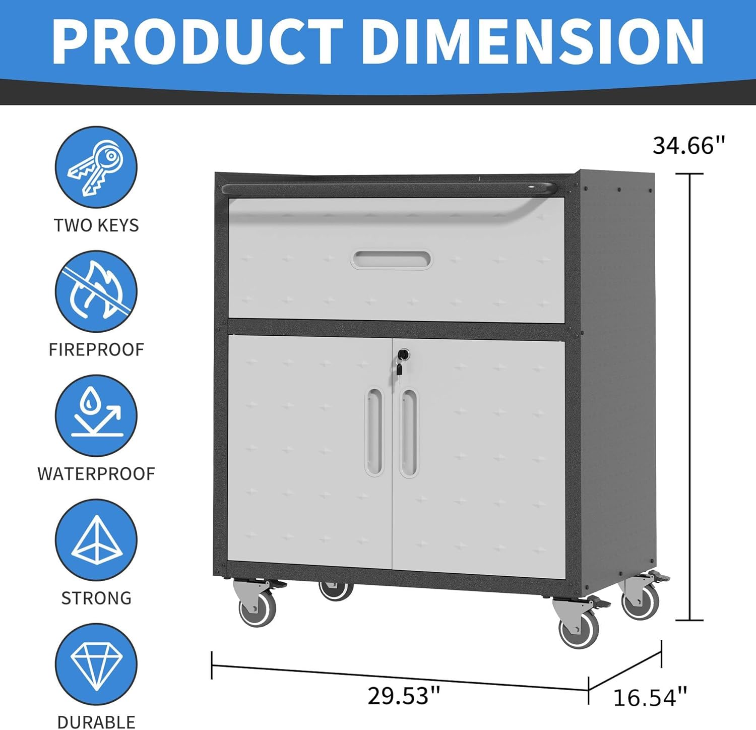 Metal Storage Cabinet with Wheels, Rolling Tool Cabinet with Adjustable Shelve, Locking Garage Storage Cabinet with 1 Drawer and 2 Doors for Tools, Assembly Required (Black/Grey)