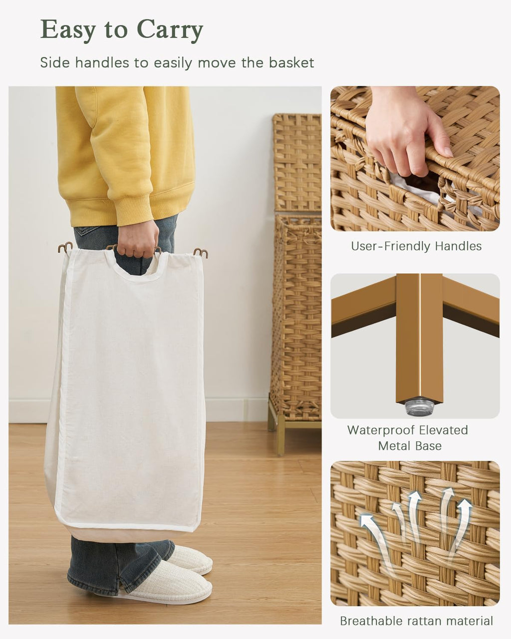 Laundry Hamper with Lid 132 L, (35 Gallons) Clothes Hamper with Lid, Handwoven Rattan Laundry Hamper with Metal Heightened Feet, Laundry Hampers with 3 Removable Liner Bags for Laundry-Natural