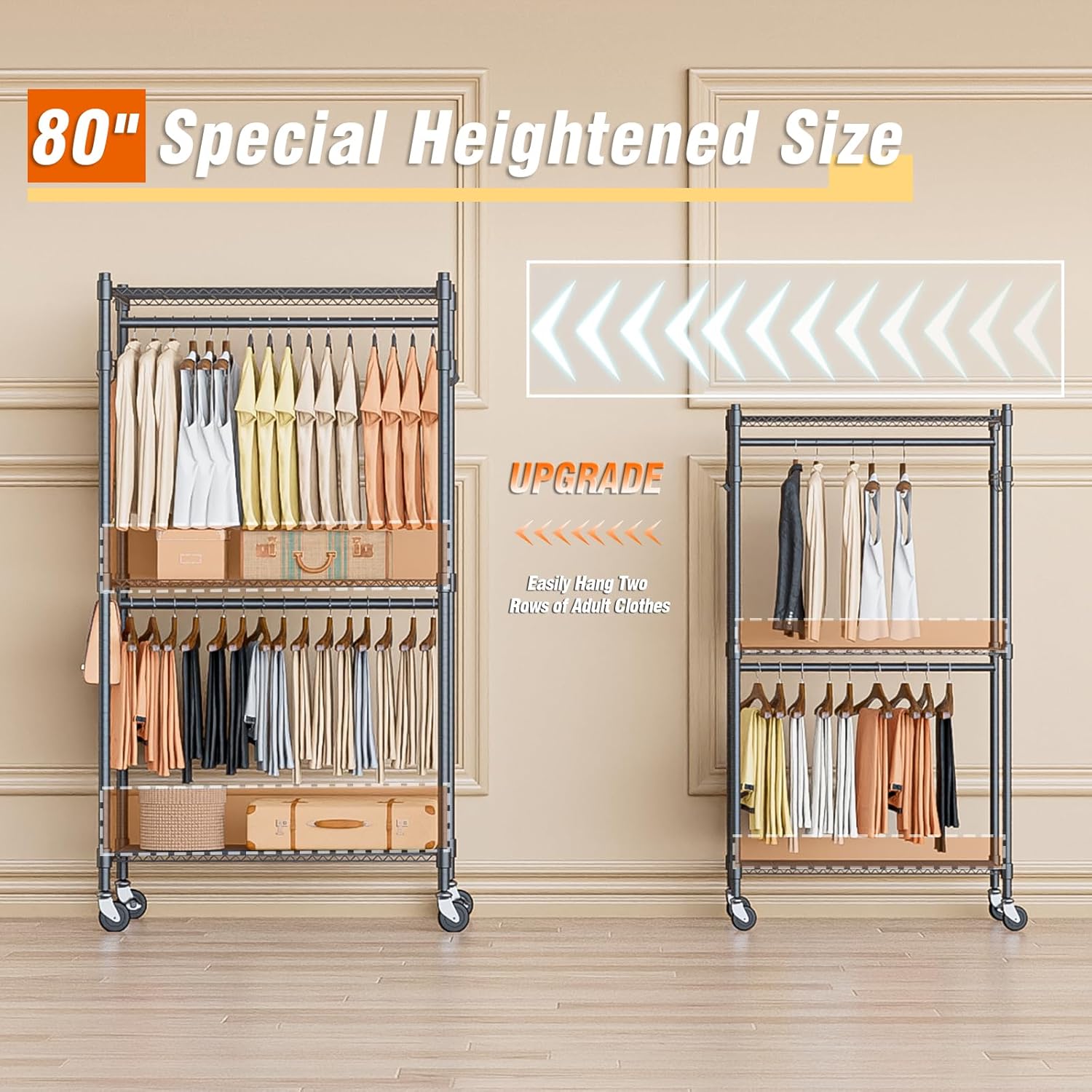 Homdox Garment Rack Heavy Duty, 3 Tier Rolling Clothing Racks for Hanging Clothes, Metal Wardrobe Closet, Free-Standing Clothes Organizer Rack with Double Rods & Side hooks, Gray