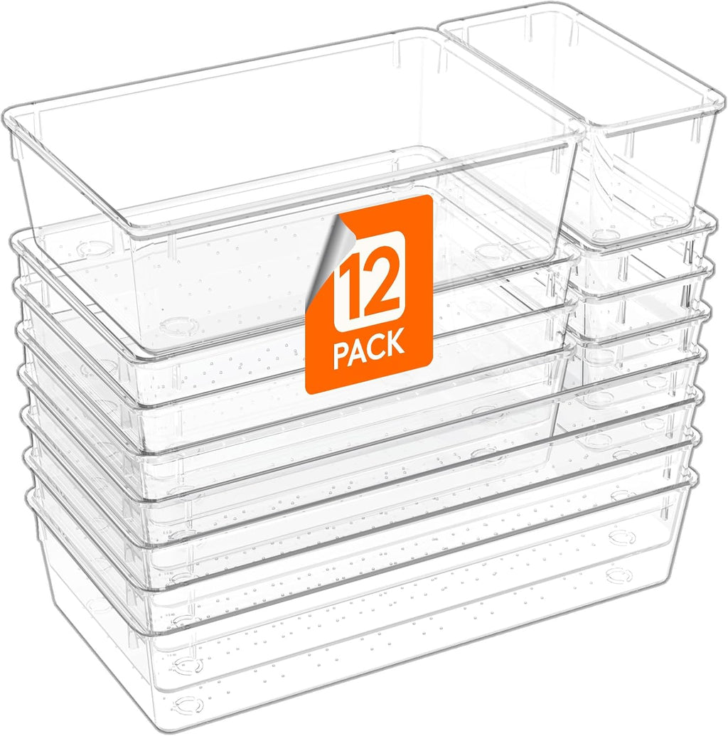 Lifewit 12 Pcs Large Bathroom Drawer Organizers, 3 Sizes Clear Plastic Storage Organizer Trays for Make Up, Kitchen Utensils, Vanity Accessories in Bathroom/Office/Dresser Organization