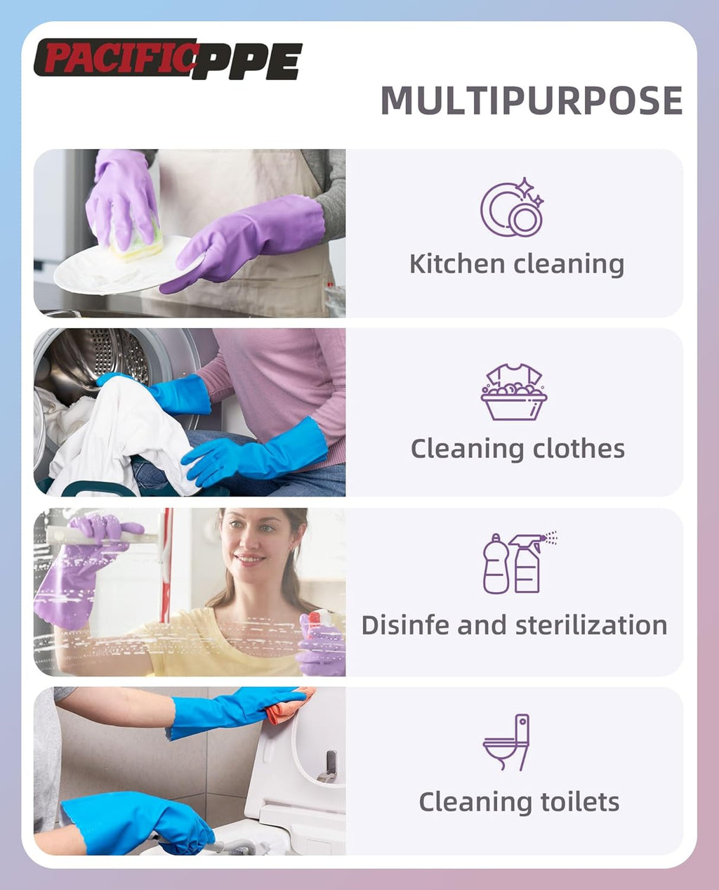 PACIFIC PPE 2 Pairs Dishwashing Cleaning Gloves with Latex free, Cotton lining, Kitchen Gloves (Purple+Blue, Large)