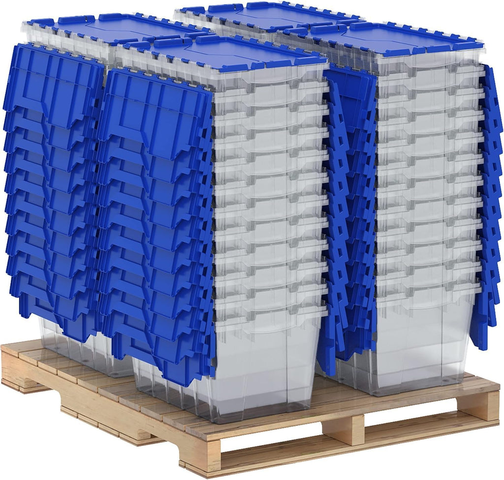 Akro-Mils KeepBox 12 Gallon Storage Container, Nesting and Stackable Plastic Storage Box with Lid Attached, Clear Tote for Garages, Closets, Moving, 21-1/2" x 15" x 12-1/2", Clear/Blue, Pallet of 48