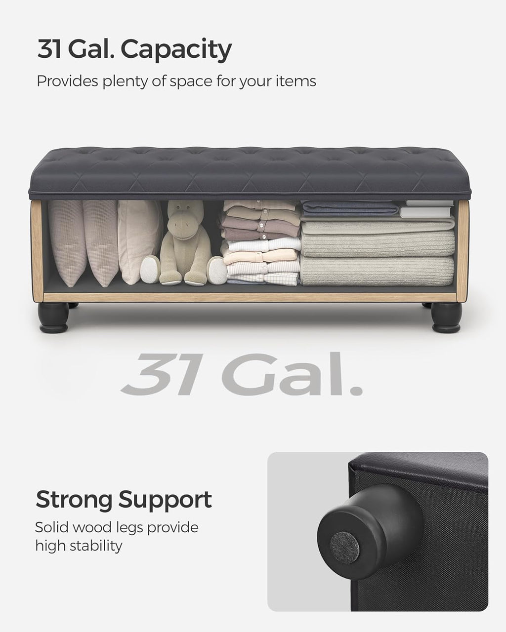 SONGMICS Storage Ottoman, Storage Bench, Tufted Entryway Bedroom Bench, 17.7 x 46.5 x 17.7 Inches, Hinges Easy Lid Operation, Wooden Legs, Synthetic Leather, Loads 330 lb, Dark Gray ULOM071G01